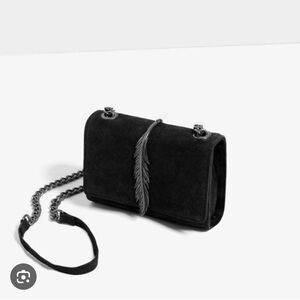 Zara Metallic Detail Leather Crossbody Bag. Black colour.